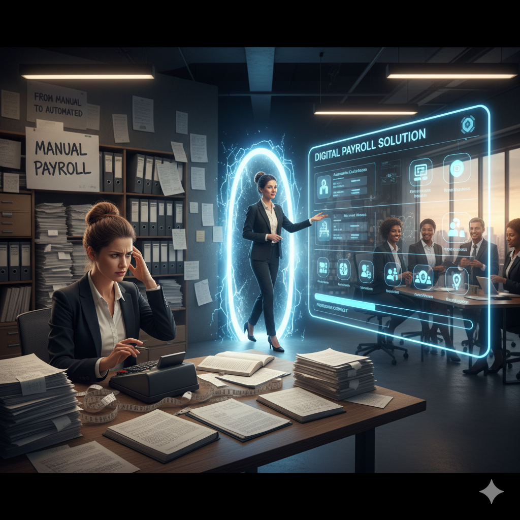 HR using a digital payroll system to automate salary management