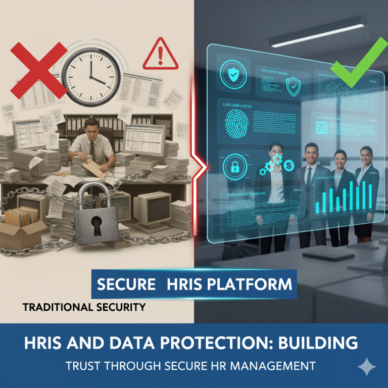 Secure HRIS dashboard showing data protection features and employee records